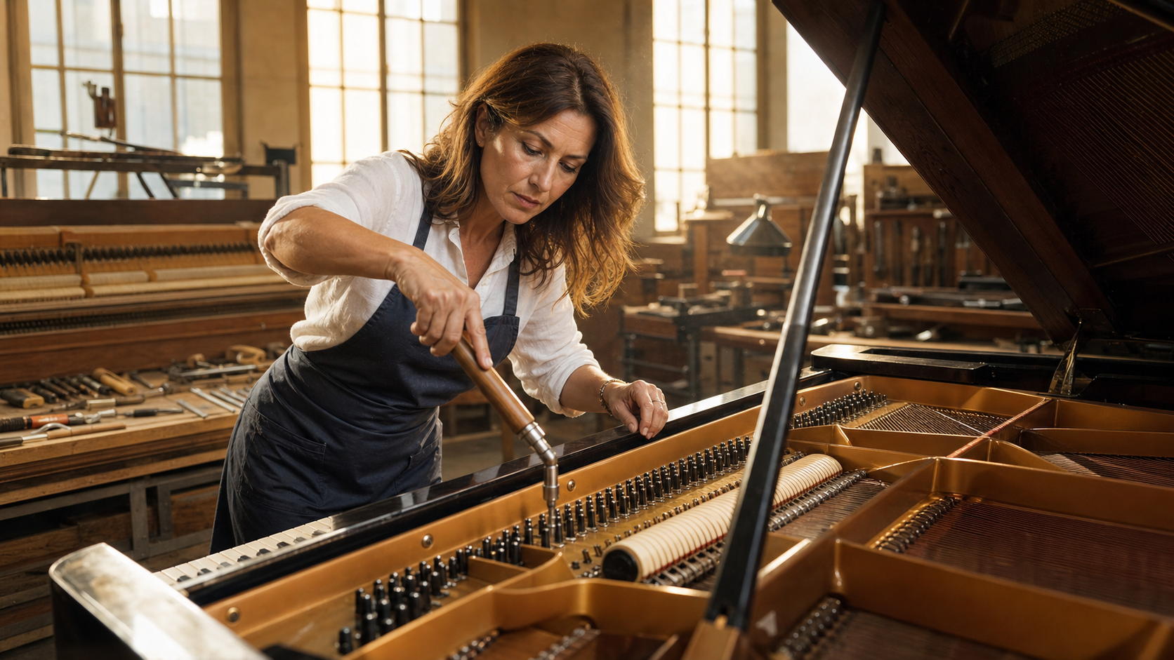 Camilla Ferri accorda un pianoforte a coda con il martello accordatore nel suo laboratorio a Taranto