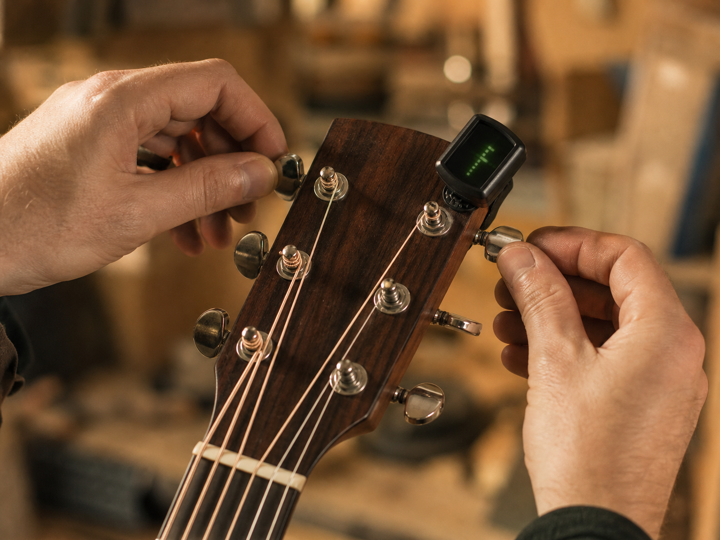 Accordatura di una chitarra acustica con accordatore elettronico sulla paletta