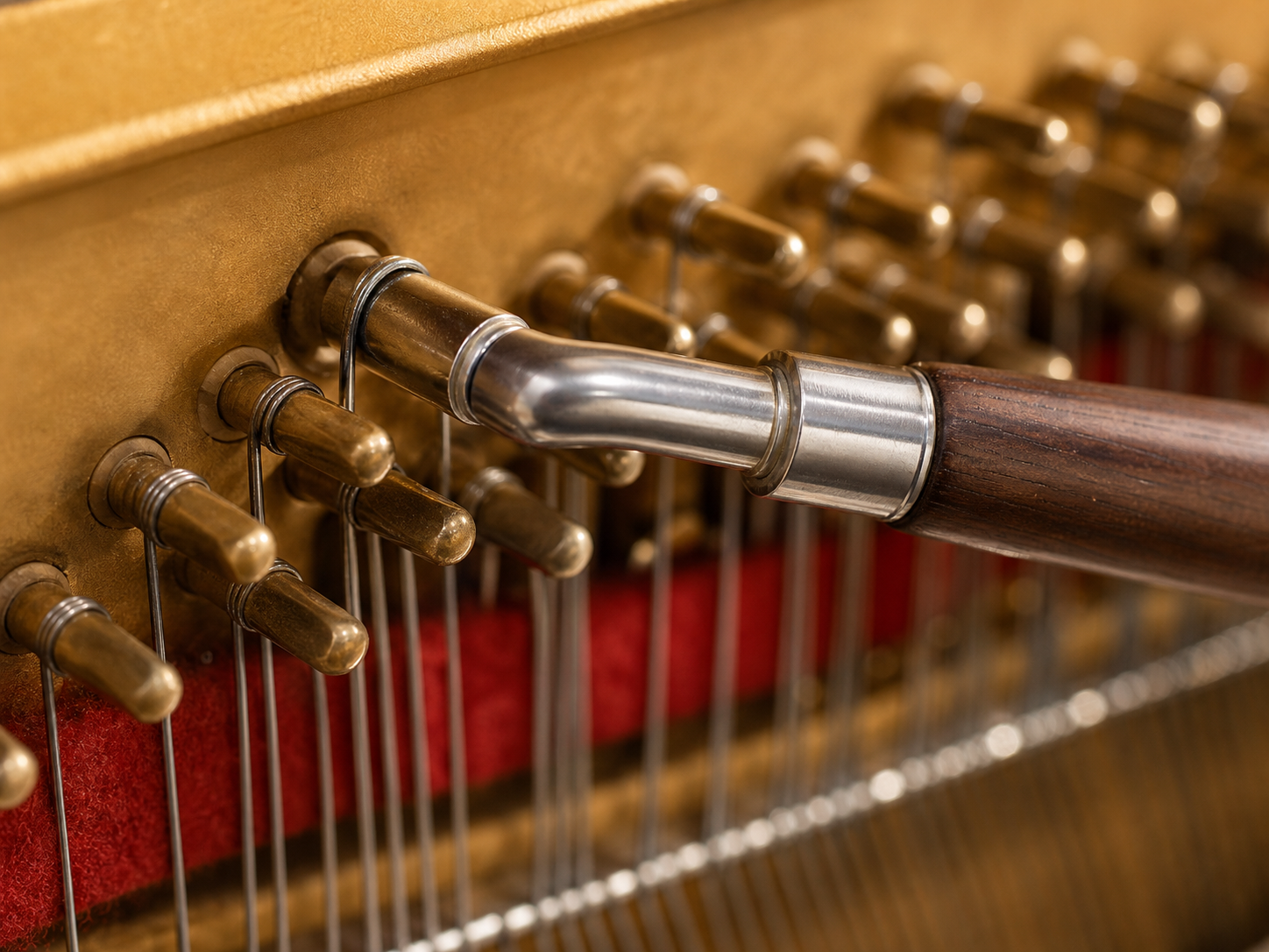 Martello accordatore sui piroli di un pianoforte durante l'accordatura