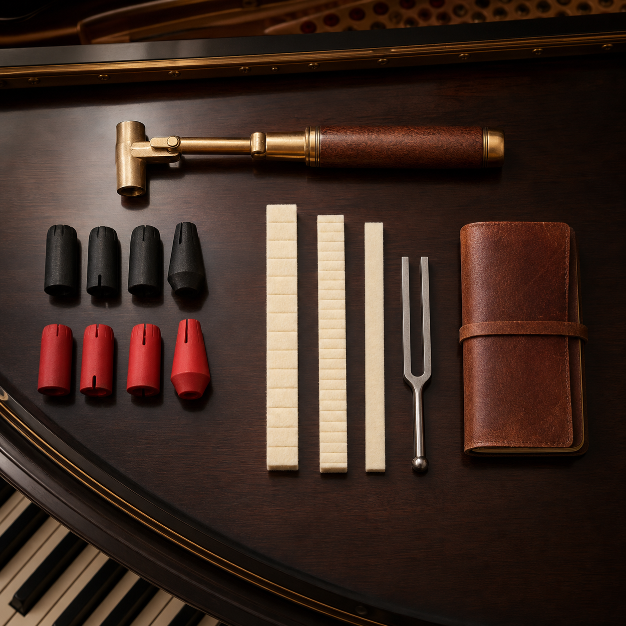 Attrezzi professionali da accordatore disposti sul coperchio di un pianoforte a coda
