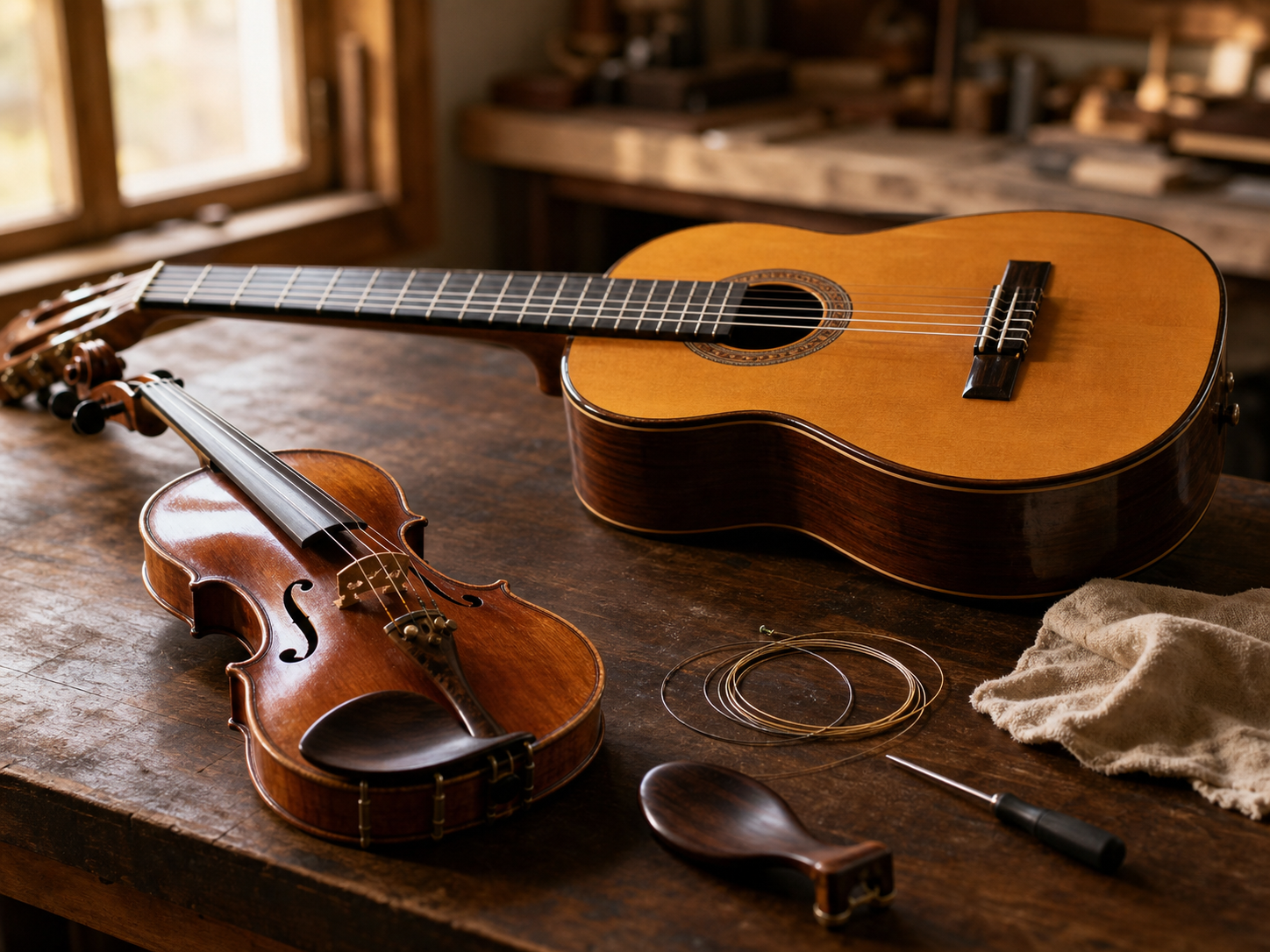 Violino e chitarra classica in manutenzione su un banco da lavoro con attrezzi e corde