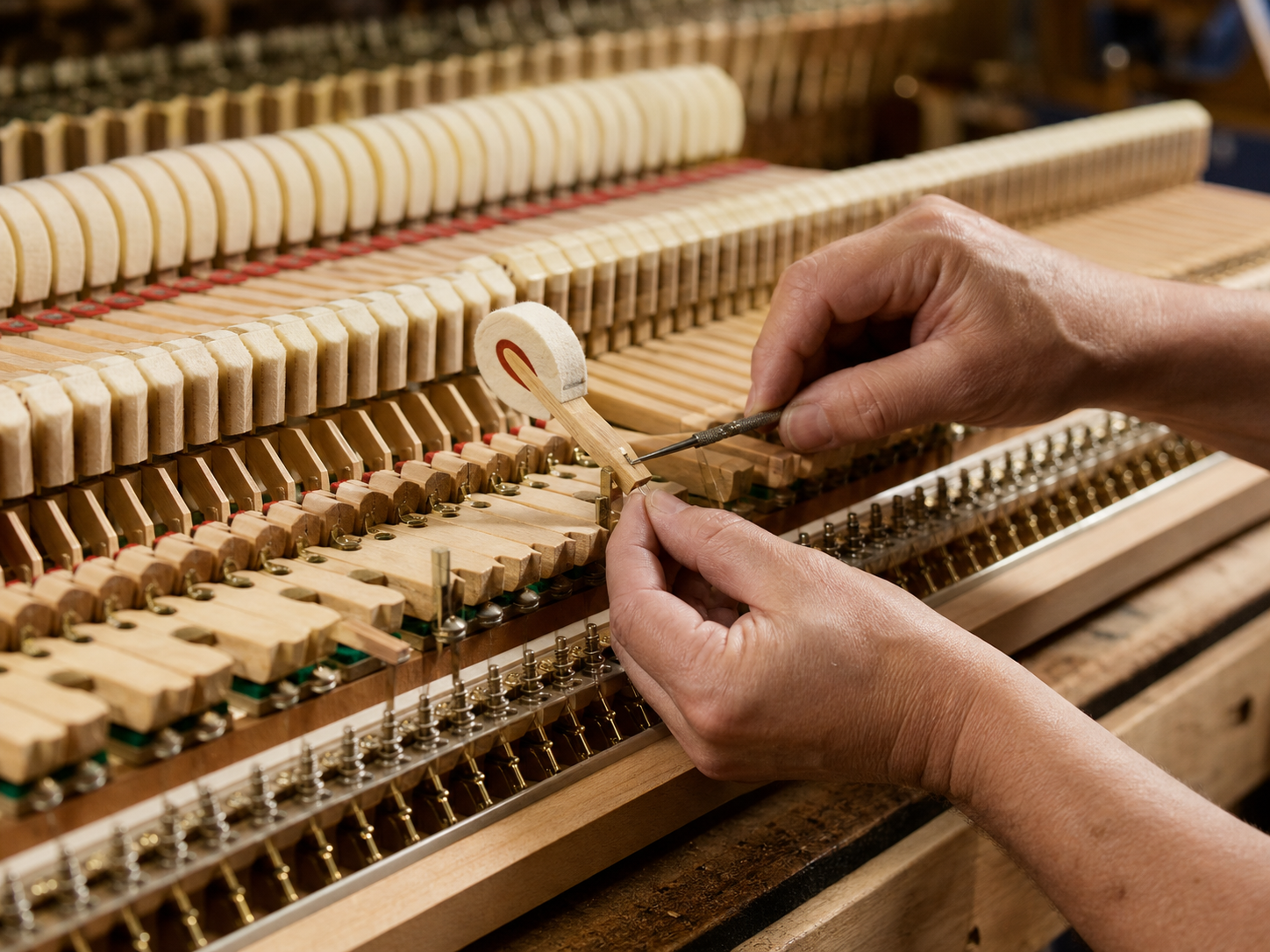 Regolazione della meccanica di un pianoforte con martelletti e feltri a vista