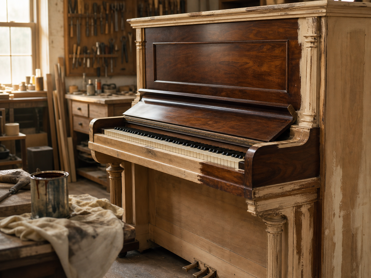 Pianoforte verticale antico in restauro con mobile in legno parzialmente rifinito