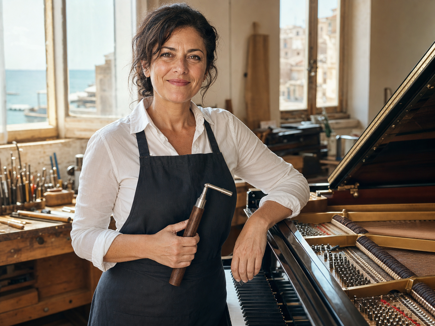Camilla Ferri, accordatrice di pianoforti, accanto a un pianoforte a coda nel suo laboratorio a Taranto